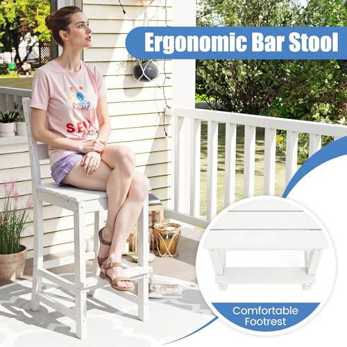 Image of Tangkula Patio HDPE Barstool, Outdoor High Top Bar Chair w /Backrest & Footrest, All-Weather Wood-Plastic Bar Height Chair for Poolside, Backyard, Porch (2, White)