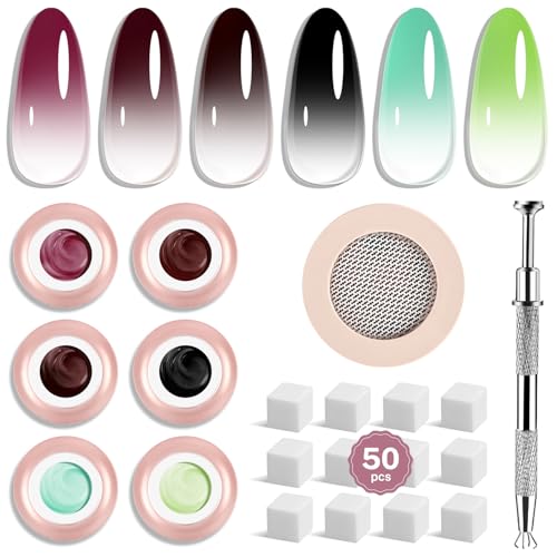 JODSONE Pat Painting Gel Nail Polish 6 PCS Gradient Design with 50 PCS Sponge Applicators & Grabbing Pen Gradient Blush Effect Nail Art Gel Paint for Manicure Salon 6Color-PPG-3
