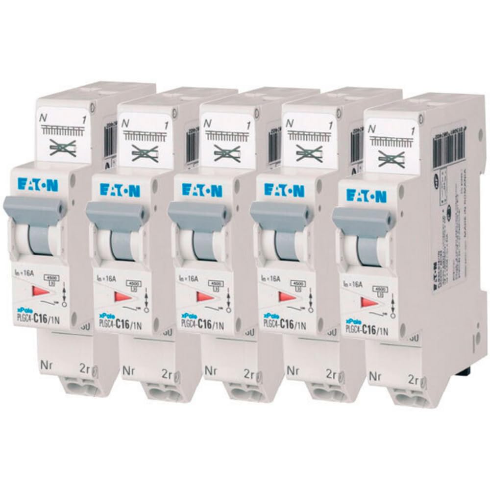EATON 109130 PLGC4-C16/1N - DISJONCTEUR MODULAIRE PH/N - Blanc - MANETTE GRISE - 1P+N / 16 A - COURBE C - Raccordement direct sans vis - 5 disjoncteurs