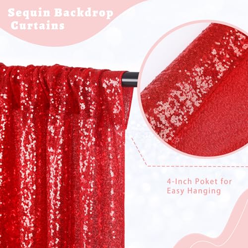 Image of 10FTx10FT Red Sequin Backdrop Curtain Photo Photography Party Decorations | Twilight Sparkle Glitter Fabric for /Wedding /Baby Shower /Happy Birthday /Christmas /New Years /Bachelorette /Theme Party