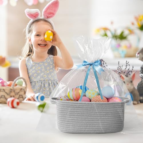 Image of Cute Gray Gift Basket, Woven Baskets for Gifts Empty, Cotton Rope Storage Bin for Organizing, Kids Cat Dog Toy Box, Baby Nursery Organizer, Wicker Easter Basket with Handle, Grey Room Decor