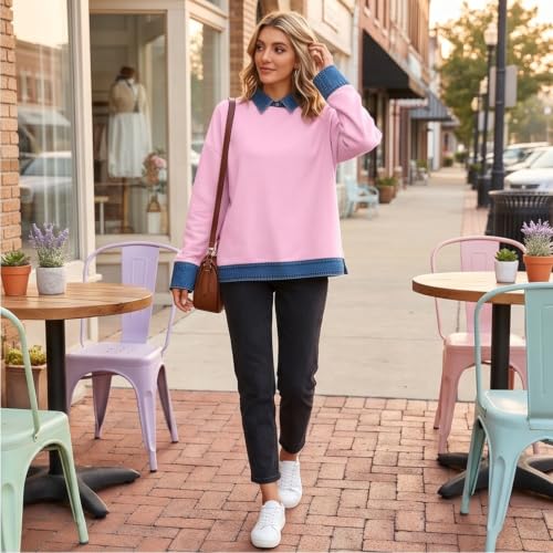 Womens Polo Shirts Button Denim Patchwork Lapel Collar Long Sleeve Tops - image 3
