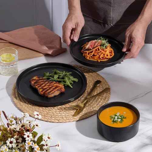 Image of E-far 24-Piece Stoneware Dinnerware Sets, Plates and Bowls Sets for 8, Kitchen Dinning Porcelain Ribbed Dishes Set, Chip & Scratch Resistant, Dishwasher & Microwave Safe, Matte Black