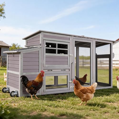 Image of Mobile Chicken Coop with Run, Large Wooden Hen House Poultry Cage with Wheels, Weatherproof Roof, Sectionable Nesting Box, Pull-Out Tray for 3-5 Chickens, 74.9 inch L x 26 inch W x 39.4 inch H (Grey)