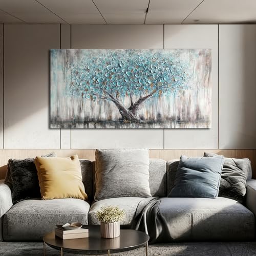 Arjun Tree Wall Art Canvas for Living Room Blue Tree of Life Nature Teal Abstract Textured Painting Picture Modern Panoramic Landscape Artwork Framed Bedroom Home Office Decor, Large Size 40"x20" - Image 4