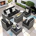 VONZOY 7 Piece Patio Furniture Set with Fire Pit Table, Outdoor Sectional Conversation Sets Wicker Rattan Sectional Sofa with Coffee Table for Patio Garden Backyard, 4'' Thickened Cushion Black