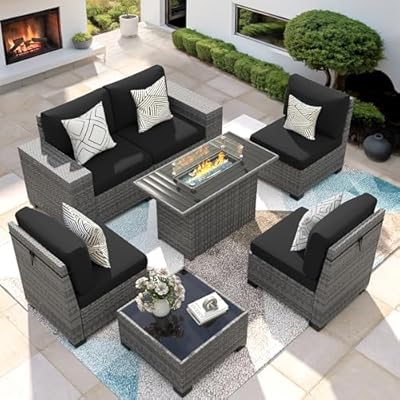 VONZOY 7 Piece Patio Furniture Set with Fire Pit Table, Outdoor Sectional Conversation Sets Wicker Rattan Sectional Sofa with Coffee Table for Patio Garden Backyard, 4'' Thickened Cushion Black