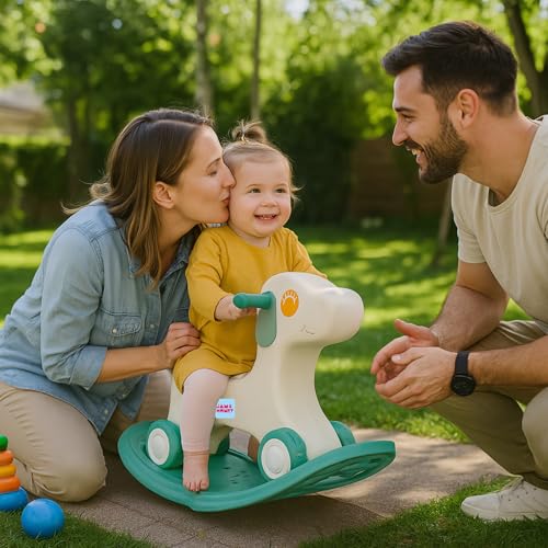 Image of Amazon Brand - Jam & Honey 3-in-1 Puppy Push On Ride On Rocker for Kids | Balancing Board | Backrest | Easy Grip | Four Wheel | Durable and Safe | Lightweight | Animal Theme | 12 Months+ | Green