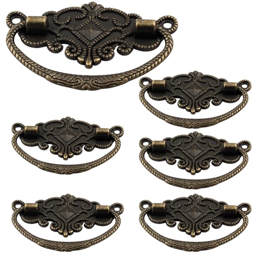 Rierdge 6-Pack Vintage Antique Bronze Pull Handle - for Retro Drawer Jewelry Box Kitchen Cabinet Furniture Hardware, 2.64