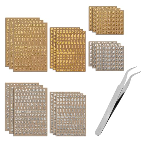 Aihoom 18 Feuilles d'Autocollants Lettres Dorées et Argentées en Résine pour DIY, Stickers Alphabet, Décoration Ongles et Scrapbooking (avec Pince à Épiler)