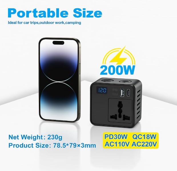 Image of YOURKARTS.COM 200W Car Power Inverter 12V DC to 220V AC Converter with 3 USB Ports|6.2A Max|1 Type-C Fast Charging Port | Car Laptop Charger Power Adapter for Mobile|Gadgets LCD Display