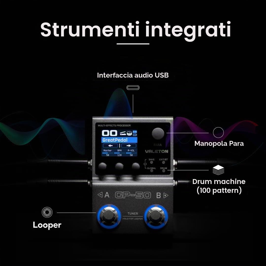 Valeton GP-50 SnapTone processore multieffetto per chitarra con Neural Amp Modeler, IR Loader, interfaccia audio USB, drum machine, looper, Bluetooth, 100+ effetti