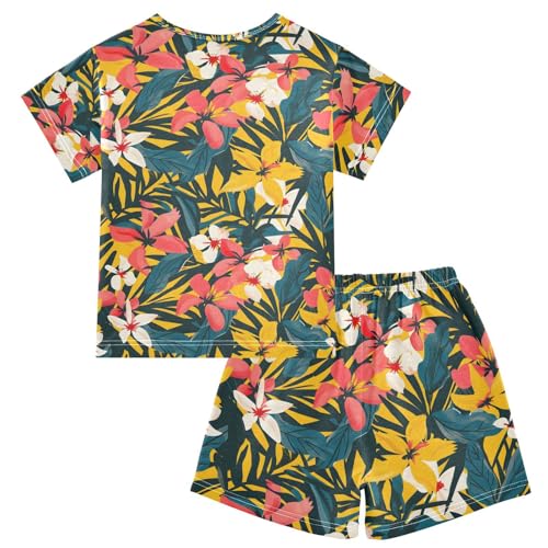 ALAZA Tropical Floral Palm Leaves Yellow Pajamas Short Sleeve 2 Piece Sleepwear Top and Bottom Pajama Set Unisex2
