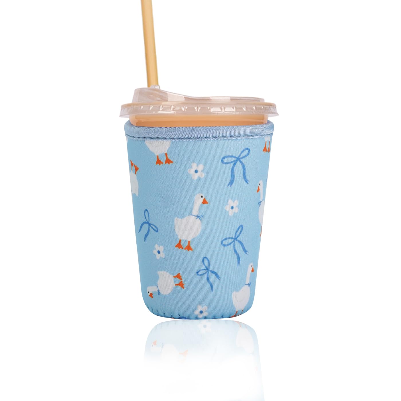Reusable Insulated Sleeve for Iced Coffee Cup, Coffee Neoprene Sleeve for Cold &amp; Hot Drinks, Beverage Holder for Iced Coffee (Blue Geese, Small: 16-18oz)