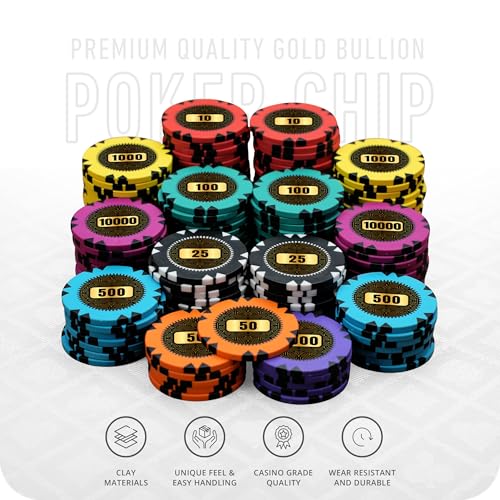 Image of CASINO KART Casinokart Gold Bullion Casino Poker Chip Set - 300 Chips with 2 Decks of Playing Cards & Dealer Button | Professional Poker Chipset