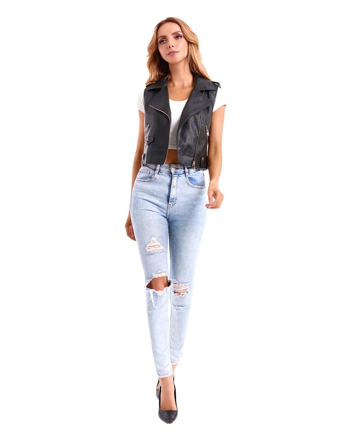 DIASHINY Gilet in ecopelle per donna pelle da senza maniche Gilet moto senza maniche con risvolto Biker Gilet