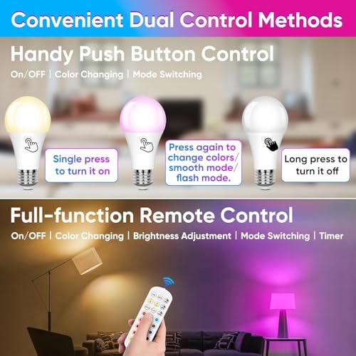 Image of Yochoice Rechargeable Battery Operated Wireless Puck A19 Light Bulb with Remote Control 1 Packs, Dimmable Detachable LED Bulb with 15 Colors Selectable 3 Timer, for Wall Sconce, Non Hardwired