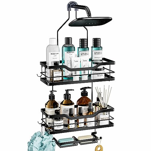 Consumest Shower Caddy Over Head with Soap Holder, No Drilling Hanging Shower Organizer Shelf with 4 Movable Hooks, Rustproof & Waterproof Storage Rack for Bathroom, Black