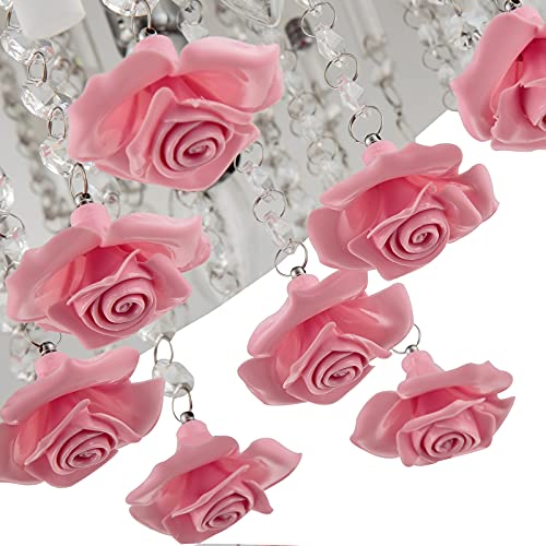 20" Flush Mount Led Light In Crystal Tube Drum Shade Pendant Light Chandeliers Lighting For Bedroom, Girls Room. Crystal Ceiling Light Fixture Flush Mount With Rose Floral Decoration #TOP5