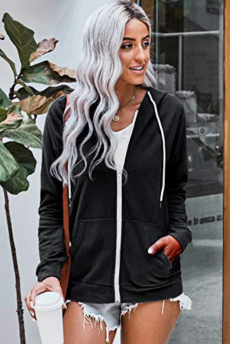 Wrolem Women Casual Zip Up Hoodie Lightweight Comfy Loose Long Sleeve Sweatshirt Solid Color With Pockets X-Large Black #TOP2