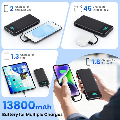 Image of Portable Charger Power Bank for iPhone with Built-in Cables and AC Wall Plug, 13800mAh Ultra Slim Travel Essentials,USB C Fast Charging External Battery Pack for iPhone 17 /16 /15 /13,Galaxy,Android etc