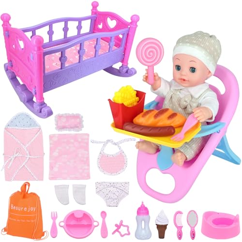 Besurejoy 12'' Reborn Baby Doll Care Playset with High Chair, Crib Bed, Swaddle,Blanket, Pacifier, Bib,Diaper,Feeding Accessories and Backpack. 26 PCS Kids Pretend Play Toy Gifts Set for Girls Ages 3+