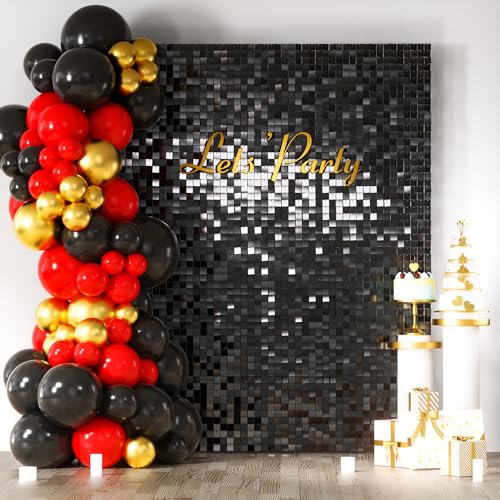 Image of COKAOBE Black Shimmer Wall Backdrop, 24PCS Square Sequin Shimmer Backdrop Panel, Photo Backdrops for Birthday, Anniversary, Wedding, Graduation & Bachelorette Party Decoration