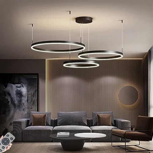 LYMSXAZOU Lámpara Colgante LED Moderna, Regulable, Circular, para Comedor, Cocina o Sala de Estar. 3 Anillos (80 + 60 + 40 cm, 88 W), Acabado Negro.