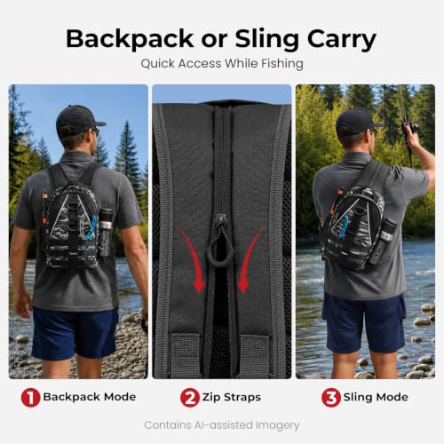 Image of Piscifun Fishing Backpack with Rod Holder, Lightweight Sling Bag Storge Gear and Equipment