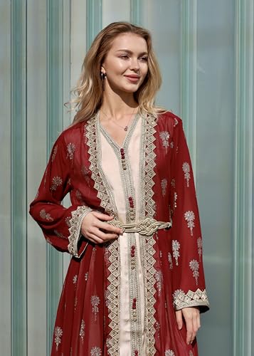 Image of HUSN Embroidered Two-Piece Abaya Set Long Cardigan with Gold Embroidery with Plus Size Inner Slip Kaftan for Eid