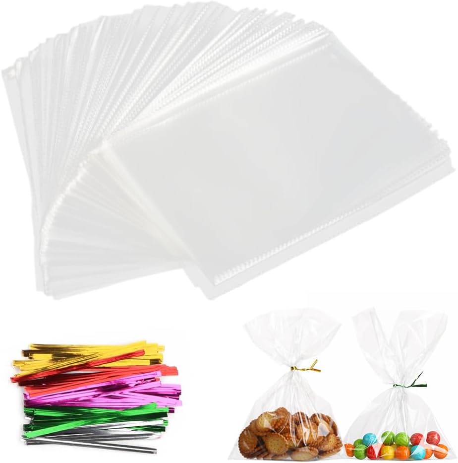 100 sztuk torby celofanowe - 15 x 25 cm przezroczyste torby na słodycze Plastikowe ze kolorowe krawaty twist na prezenty na cukierki Ciastka