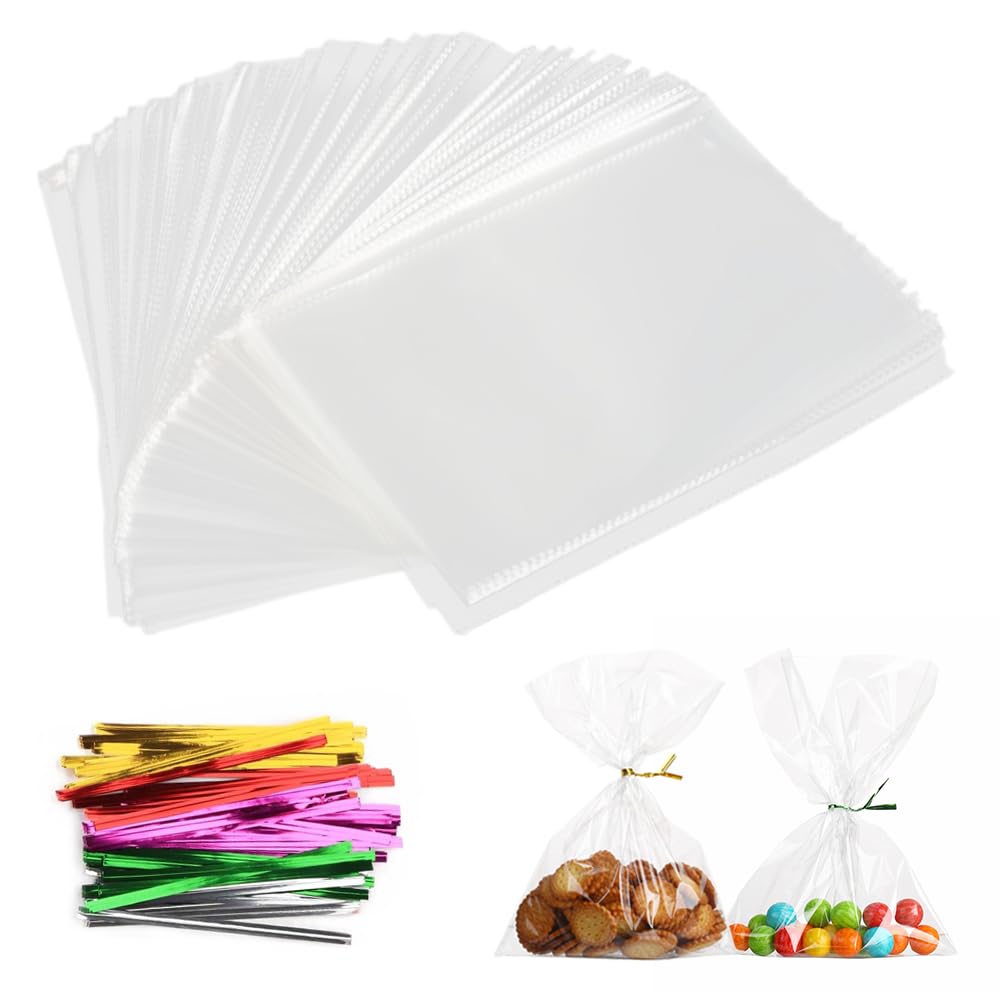 AIVEKE 100 PCS Cellophane Bags - 15x25cm Clear Sweet Bags Plastic Bag with Colourful Twist Ties Gifts for Candy Chocolate Biscuits Party
