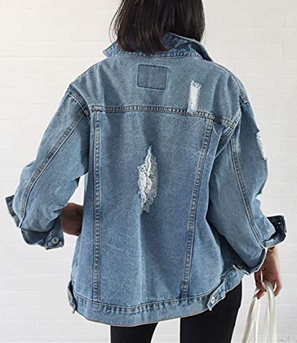 Judybridal Oversize Denim Jacket For Women Ripped Jean Jacket Boyfriend Long Sleeve Coat Blue M #TOP5