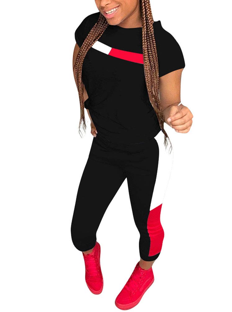 Kombinezon damski na lato moda dwuczęściowa koszulka + ubrania 7/8 fitness sport jogging spodnie joga casual basic, Czarny, XXL