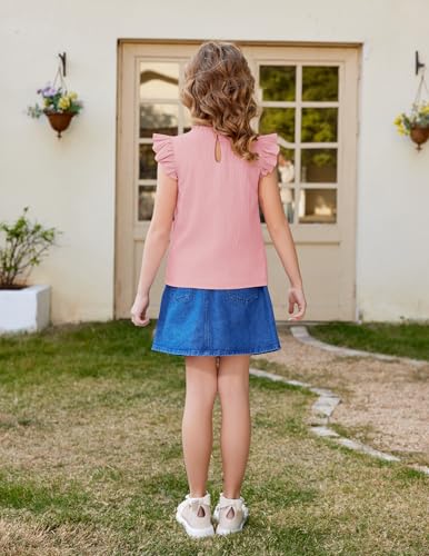 Image of Arshiner Girls Ruffle Short Sleeve Shirts Cute Summer Frill Neck Pleated Textured Blouse Tops