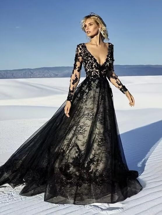 XYAYE Gothic Wedding Dresses for Bride Long Sleeve Wedding Gowns Lace Boho Bridal Gowns Black Tulle Bridal Dresses4