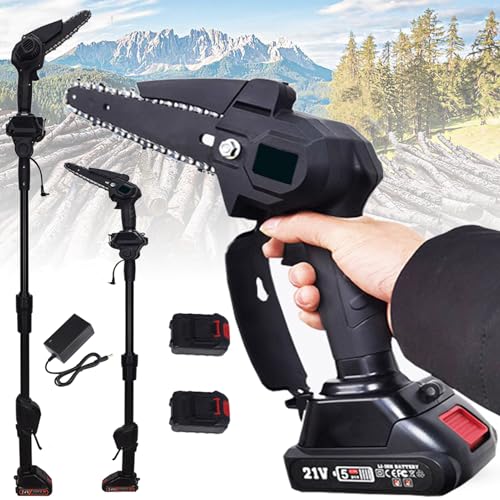 Mini Chainsaw, 2-in-1 Pole Saw, 6 inch Cordless Chainsaw, 550W 21V Electric Chainsaw, Light-Weight Handheld Garden Chainsaw with 2 Batteries,1.8m Long Reach Telescopic Pole Black
