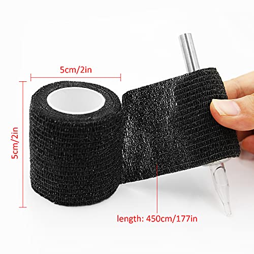 12 rolek tatuażu, 12 sztuk, taśma Rayyl Tattoo Grip Tape 5 cm x 4,5 m, elastyczna taśma do tatuażu, uchwyt tubka do tatuażu, czarna, 12 szt