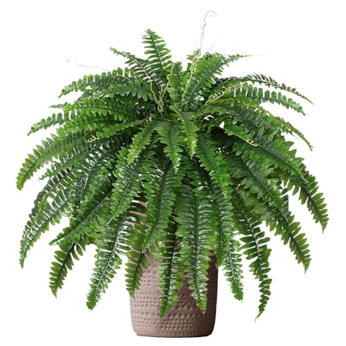 Helechos artificiales, 52 cm, color verde realista, helechos artificiales para exteriores, resistentes a los rayos UV, jardín, terraza, decoración interior con 26 hojas, planta artificial para macetas
