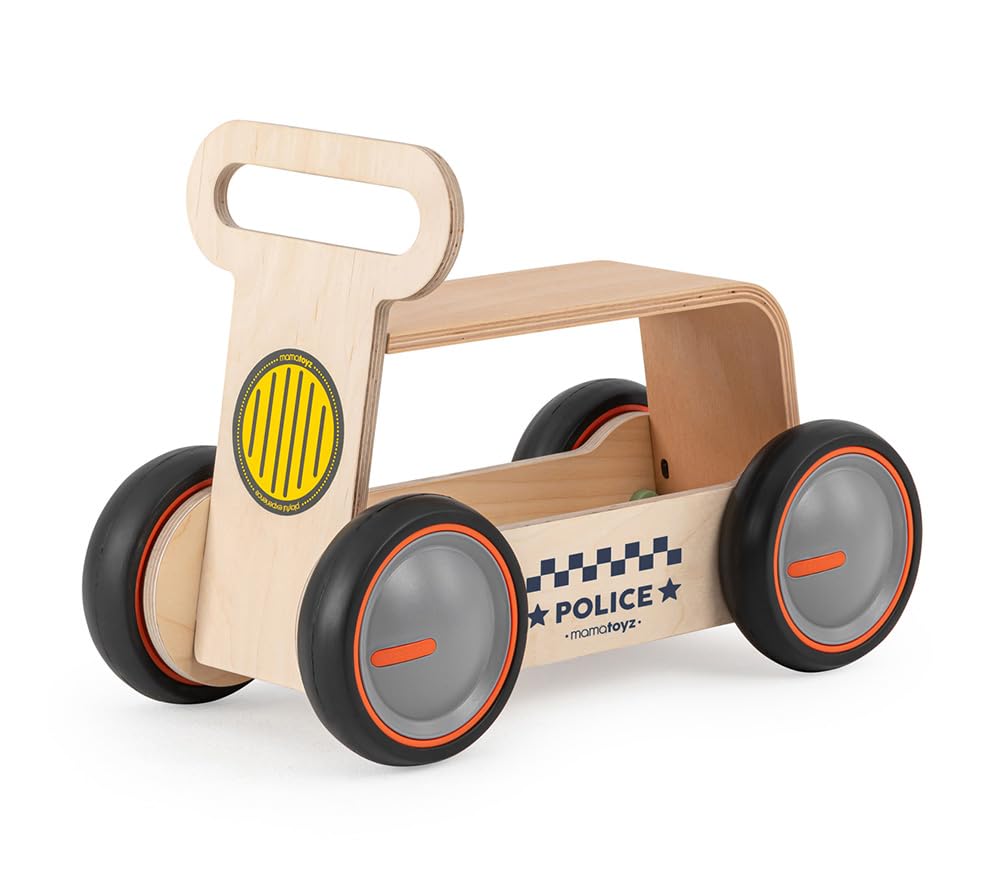 DriveMe Wood 3'ü 1 Arada Ahşap İlk Adım Arabası Yürüme Arkadaşı, Bingit, Oyuncak Kutusu - Polis Arabası, doğal ahşap, 4 tekerlekli