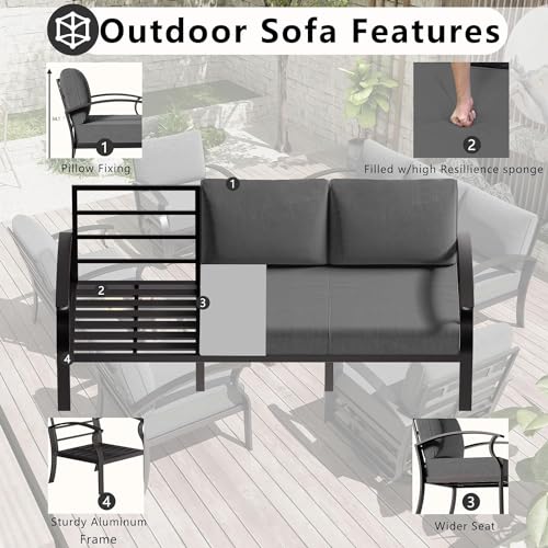 Image of Patio Furniture Set 7-Piece Aluminum Armrest Sofa, Modern Outdoor Living Room Set with 55000 BTU Propane Aluminum Fireplace, Outdoor Rotary Joystick with Thick Cushion