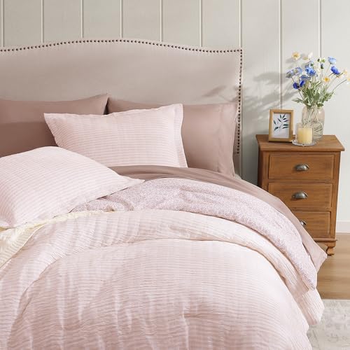Queen Comforter Set - 7 Pieces Pink Gauze Muslin Bedding Sets for All Seasons, Lightweight Breathable Bed in a Bag Queen with Revesible Farmhouse Comforter, Sheets, Pillowcases & Shams