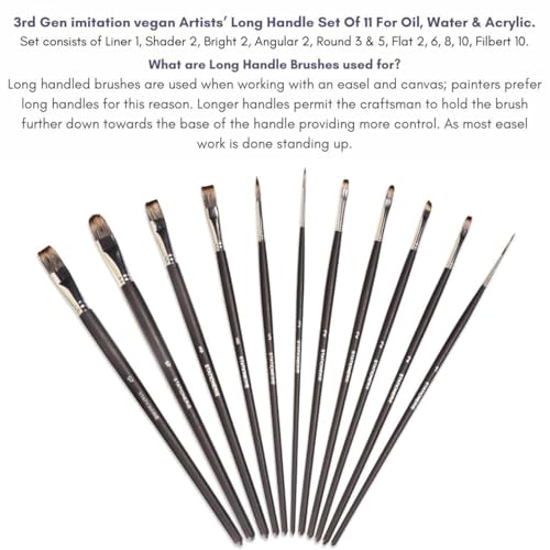 Image of Stationerie Handmade Long Handle Painting Brush Set for Acrylic, Watercolor, & Gouache Painting with Brush Holder,Mix Set of 11