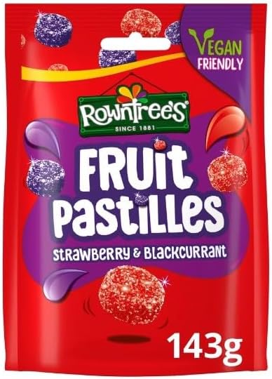 3 x Rowntree's Fruit Pastilles Strawberry & Blackcurrant Sweets Sharing Bag 143g Delicious Tasty And Twisty Treat Gift Hamper For Birthday,Christmas,Easter Sold By Kidzbuzz