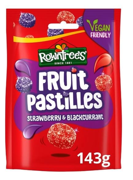 3 x Rowntree's Fruit Pastilles Strawberry & Blackcurrant Sweets Sharing Bag 143g Delicious Tasty And Twisty Treat Gift Hamper For Birthday,Christmas,Easter Sold By Kidzbuzz