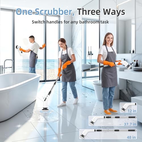 Image of Electric Spin Scrubber, 3-Speed Flat End Brush with 8 Brush Heads & Base, IPX7 Waterproof, Adjustable Long Handle, Digital Display, 2500mAh Fast Charging, for Bathroom, Tub, Tile, Floor