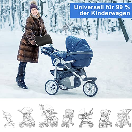 Kinderwagen Handwärmer, TNSLAND Kinderwagen Handschuhe Handmuff mit Fleece Innenseite,Kinderwagenmuff Atmungsaktiv Wasserfest Winddicht, Universalgröße für Kinderwagen Buggy,Radanhänger, Schwarz