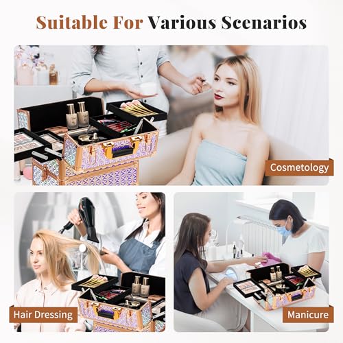 Image of 3 in 1 Rolling Makeup Train Case Professional Large Cosmetic Trolley Cosmetology Case on Wheels Traveling Cart Trunk for Hairstylist Artist Nail Beauty Salon Barber, Colorful