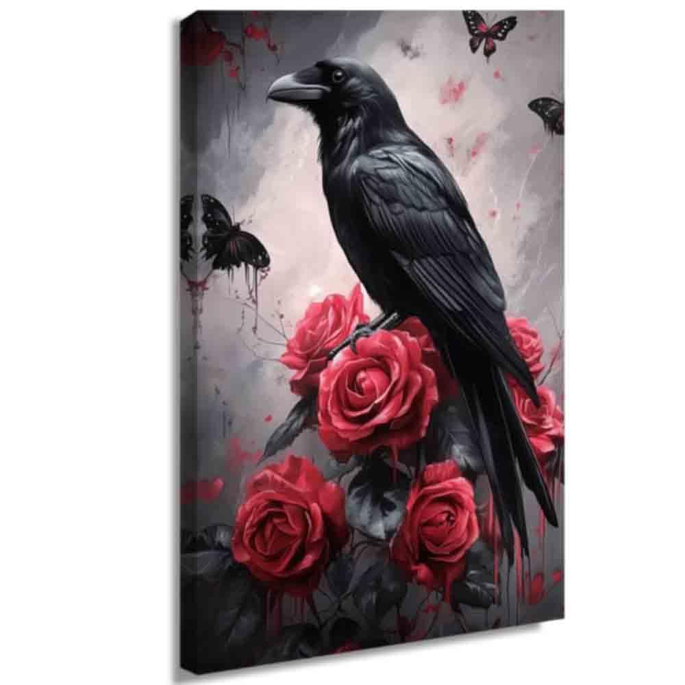 LMYSXAOZ Black Crow Canvas Wall Art Bird on Branch Painting Raven Couple Pictures Prints for Halloween Decor (Red,24L x 36W)
