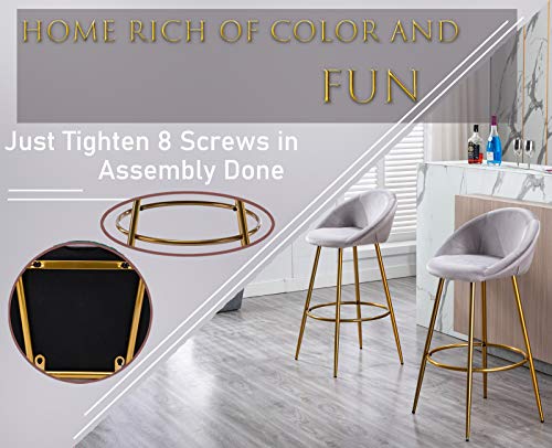 Kmax Lovely 30" Velvet Bar Stools Set Of 2 With Gold Metal Legs, Mid Century Modern Bar Stools Low Back For Kitchen Island Home Pub-Silver #TOP4